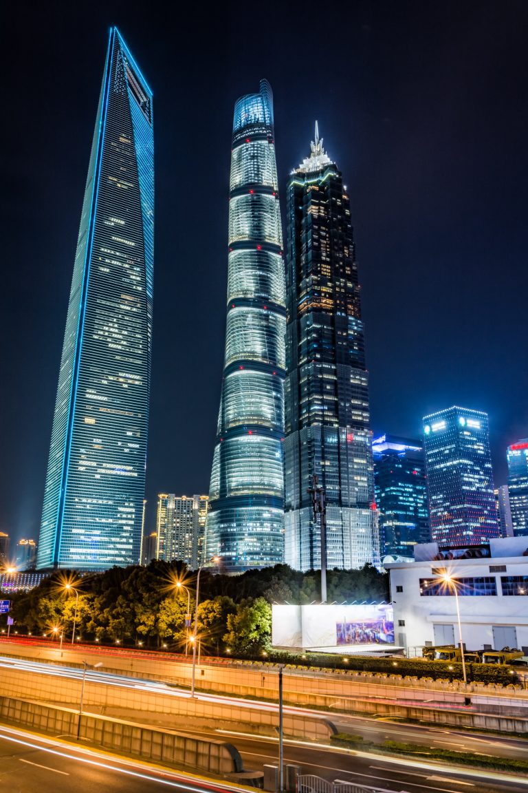 light trails on the modern building background in shanghai china