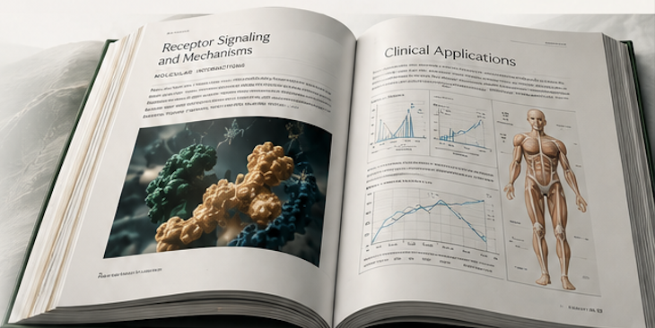 Livro aberto “The Source Code: Peptides”, com conteúdo científico e clínico